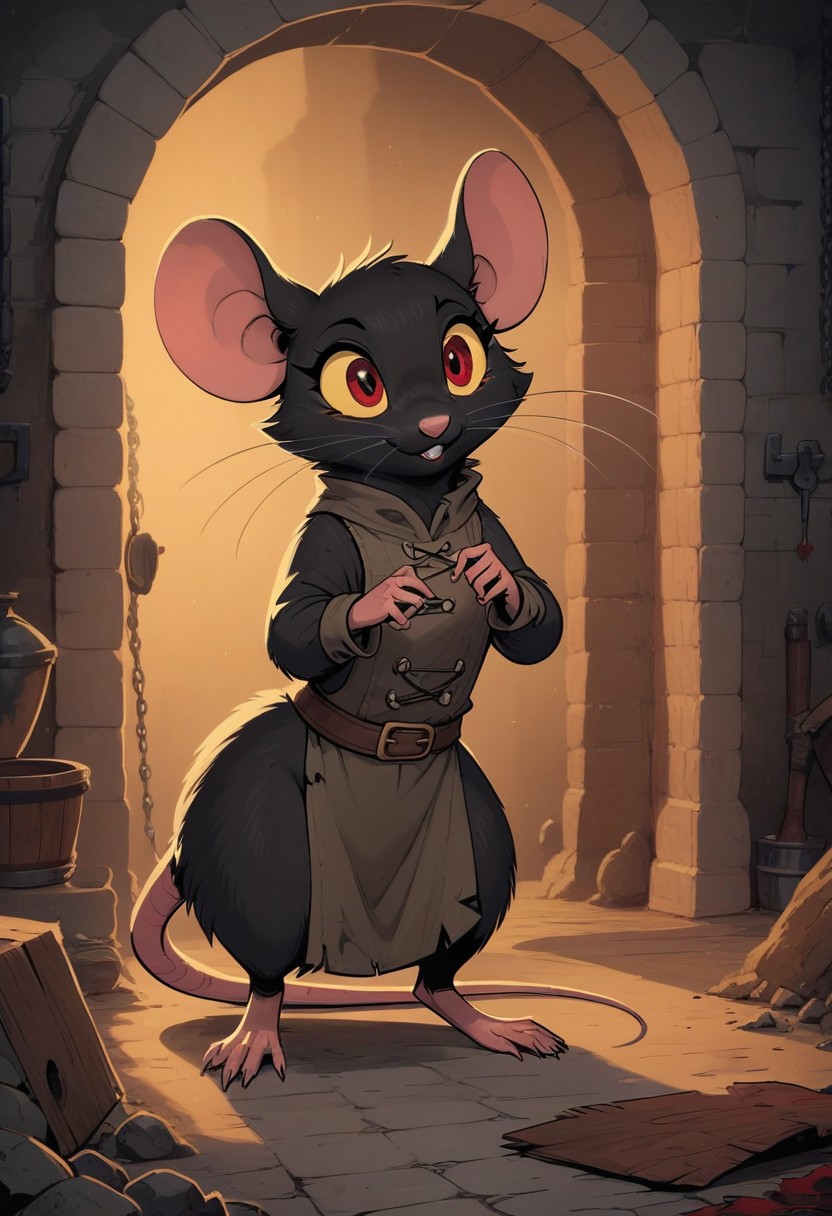 score_9,score_8_up,score_8, solo, (fluffy:0.5), feral, (furry:0.5), dungeon, (((mouse))), female, bright eyes, red eyes, yellow sclera, (black fur:1.2), claws, (fluffy cheeks:0.3), (ragged clothing, dark clothing, unkempt), in the style of beatrix potter, flat color, (cute:1.2), (treasure:0.8), (deranged smile:0.7), standing,