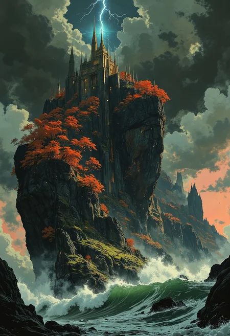 A towering, jagged island rises sharply from the ocean, crowned with a golden-roofed cathedral at its peak. Vibrant red and orange trees cling to the rocky cliffs, contrasting against lush green foliage scattered across its surface. Waves crash dramatically against the dark stone base, sending foamy sprays into the air. The sky above is an intense mix of swirling storm clouds and a vivid blue lightning strike, illuminating the scene with a dramatic glow. In the distance, the horizon fades into soft hues of pink and orange as the sun sets, casting a warm, ethereal light over the entire landscape. The scene is dynamic and full of energy, blending the power of nature with a sense of divine mystery.
Key Elements to Highlight:
Island Features: steep, rocky cliffs; vibrant red-orange foliage; contrasting green patches
Architecture: golden-roofed cathedral, intricate spire, mystical and grand
Ocean: crashing waves, foamy white details, dynamic water movement
Sky: dramatic storm clouds, vibrant blue lightning, soft sunset hues
Atmosphere: majestic, dramatic, mystical, energetic