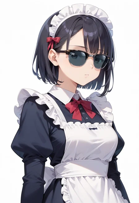 score_9, score_8_up, score_7_up, rating_safe, masterpiece, best quality, absurdres, unity 8k wallpaper, official art, official style, source_anime, uncensored, game cg, megami magazine,
1girl, solo, black hair, medium hair, upper body, covered eyes,maid, maid headdress, black dress, maid apron,
sirmont, sunglasses, white background, simple background, reflection, glasses, english text, black-framed eyewear, grey-framed eyewear, two-tone eyewear, covered eyes,
<lora:glasses_clubmaster_PONY_V1:1>