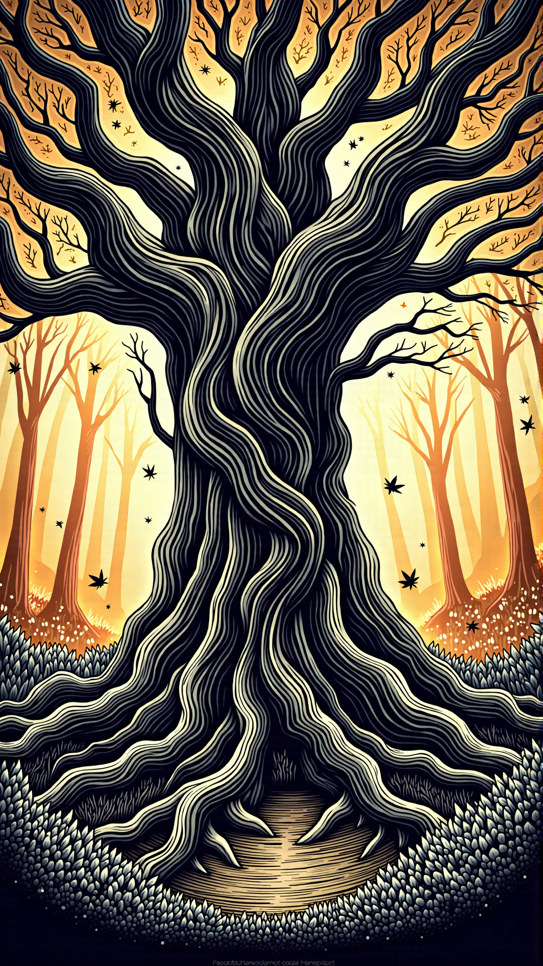 monochrome, lineart, dark, horror, Ancient tree, secrets, Warm hues, Golden light, Tree trunk, Gnarled, Branches, Twisted, Leaves, Autumn colors, Foliage, Forest floor, Dappled light, Magical atmosphere, Whimsical, Detailed, Soft brush strokes, Vibrant, High contrast, Colorful, Landscape, Serene, Calm, Peaceful, Enchanting, Storybook, Charming, Idyllic, Secluded, Isolated, Nature<lora:vorticaFlux:0.65>