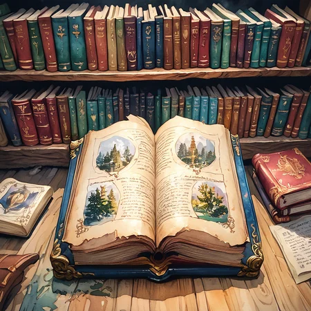Score_9, score_8_up, score_7_up, score_6_up, <lora:WatercolorPony2_r1:1> ArsMJStyle, watercolor miniature book book, case binding, debossing, wood, public library , ( intense colors)