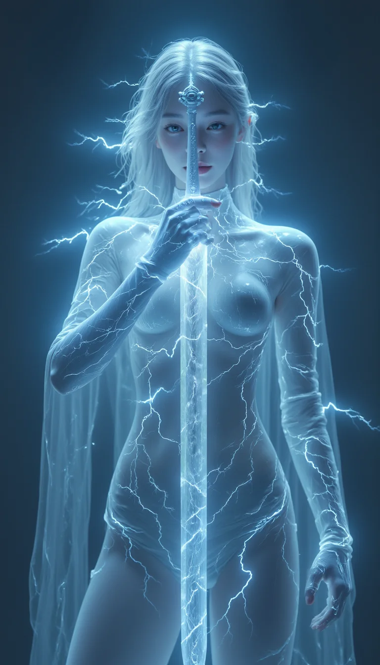 bailing_lightning, 1girl, composed of elements of thunder,thunder,electricity,A magic sword knight,His form is barely tangible,with a soft glow emanating from his gentle contours,The surroundings subtly distort through her ethereal presence,casting a dreamlike ambiance,white lightning,Surrounded by thunder and lightning elemental magic,