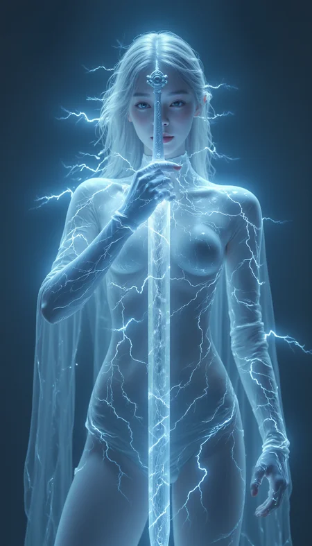 bailing_lightning, 1girl, composed of elements of thunder,thunder,electricity,A magic sword knight,His form is barely tangible,with a soft glow emanating from his gentle contours,The surroundings subtly distort through her ethereal presence,casting a dreamlike ambiance,white lightning,Surrounded by thunder and lightning elemental magic,