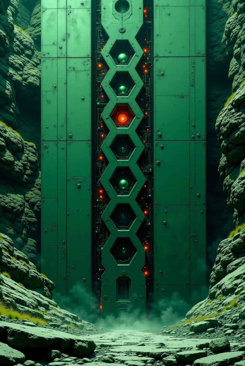 <lora:Legacy_of_the_forerunners_r1:0.8>
A towering faÃ§ade of green-black alloy rises vertically from fractured bedrock, smooth and seamless with faint radial scars etched into its colossal surface. Embedded across its surface, spherical capsules rest in hexagonal groovesâsome closed, some partially open, exposing unidentifiable interiors of corroded circuitry and frozen plasma cores. A vast trench lies at its base, suggesting the entire structure is only the exposed crown of something buried beyond human comprehension. Faint red lights pulse at irregular intervals from deep within thin vertical slits, like blinking signals still waiting for a reply after millennia of silence. Style: cyber-monolithic cataclysmic minimalism with glowing punctuations of crimson over a muted jade-steel palette. Camera: ground-up perspective with deep parallax drift, evoking crushing vertical mass and impenetrable stillness.