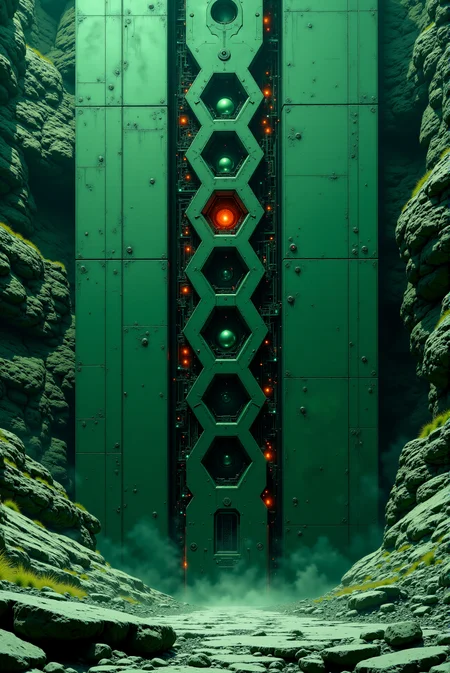<lora:Legacy_of_the_forerunners_r1:0.8>
A towering façade of green-black alloy rises vertically from fractured bedrock, smooth and seamless with faint radial scars etched into its colossal surface. Embedded across its surface, spherical capsules rest in hexagonal groovesâsome closed, some partially open, exposing unidentifiable interiors of corroded circuitry and frozen plasma cores. A vast trench lies at its base, suggesting the entire structure is only the exposed crown of something buried beyond human comprehension. Faint red lights pulse at irregular intervals from deep within thin vertical slits, like blinking signals still waiting for a reply after millennia of silence. Style: cyber-monolithic cataclysmic minimalism with glowing punctuations of crimson over a muted jade-steel palette. Camera: ground-up perspective with deep parallax drift, evoking crushing vertical mass and impenetrable stillness.