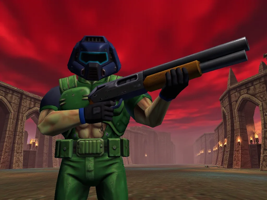 n64style 3d render of doomguy holding a futuristic shotgun, night scene in dark city ruins with a red, bloody, cloudy sky
