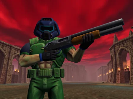 n64style 3d render of doomguy holding a futuristic shotgun, night scene in dark city ruins with a red, bloody, cloudy sky