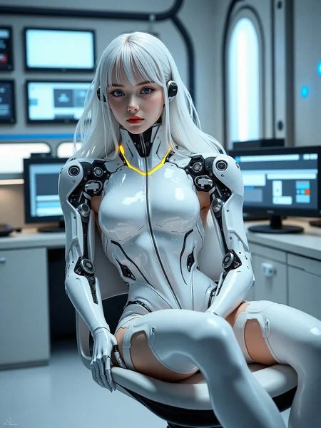 photorealistic depiction of a female cyborg in a pristine, high-tech laboratory, surrounded by futuristic equipment and glowing monitors displaying complex data. She is in the process of having her mechanical components examined or upgraded, with robotic arms and tools delicately interacting with her. Her serene expression and calm demeanor contrast with the precision and complexity of the machinery around her. Focus on the detailed mechanical components of her body, intricate robotic hands, the clinical, high-tech environment, and the subtle interplay of human and machine elements.
a subtle, integrated communication system in her head or neck, with tiny speakers and microphones for direct interaction.a form-fitting, adaptive fabric bodysuit that covers parts of her body, adjusting its texture and rigidity based on her needs.Introduce subtle, bioluminescent vein-like structures that run through her mechanical components, pulsing gently with a soft glow.Integrate glowing, circuitry-like patterns onto her metallic parts, that light up and pulse.
Sitting on a comfortable futuristic ergonomic chair, knees drawn up to her chest, arms wrapped around her legs, expression contemplative, looking at viewer