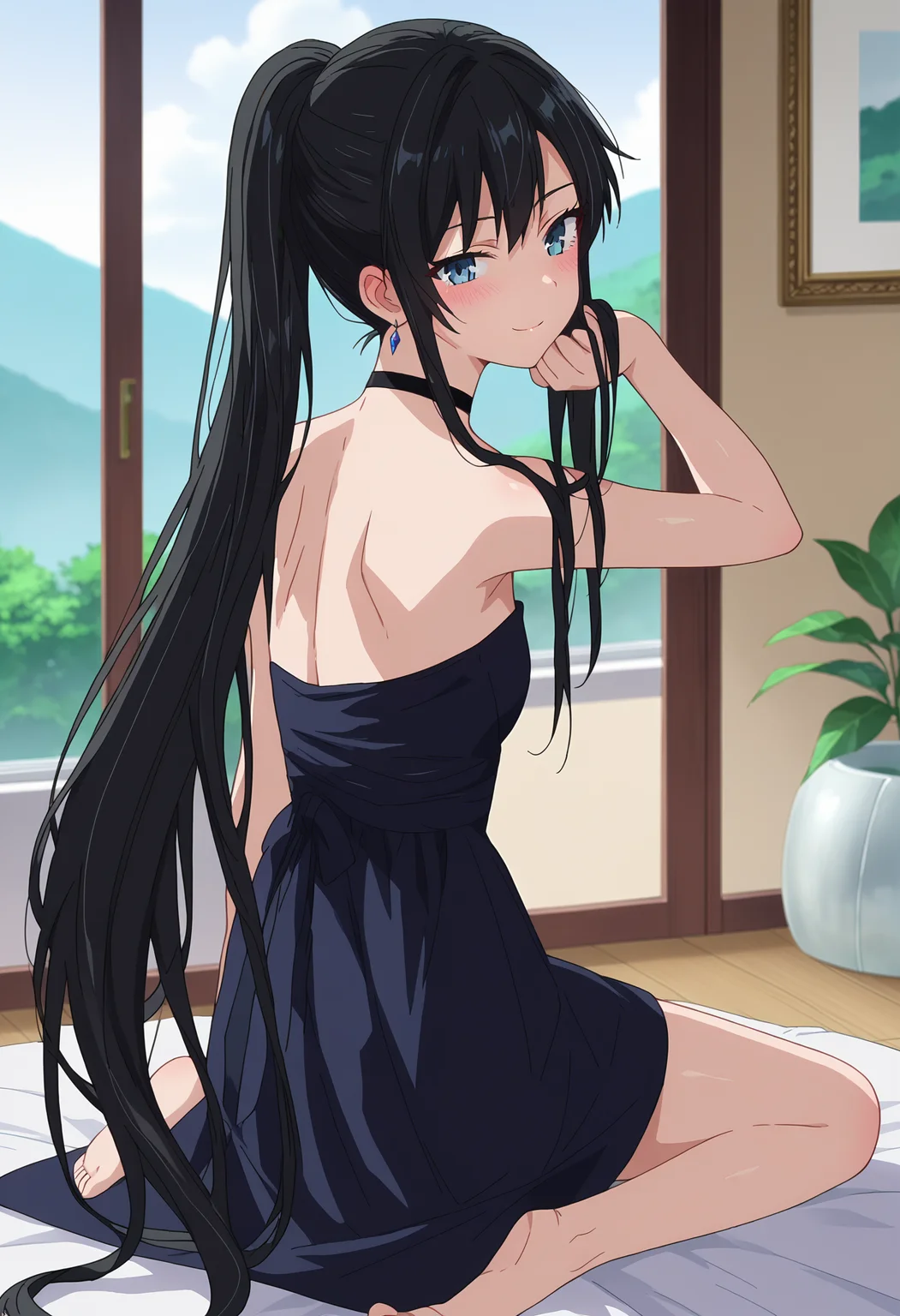 score_9, score_8_up, score_7_up, source_anime,
BREAK
<lora:shiQianDaiYiyuV1:1>,
1girl, solo, anime screencap, anime coloring,
<lora:shiYukinoV2:0.9>, yukidre, black hair, long hair, blue eyes, ponytail, strapless dress, black choker, black dress, very long hair, choker,
looking at viewer, smile, blush,
from behind, kneeling, hand in own hair,