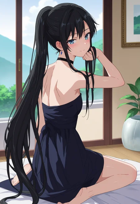 score_9, score_8_up, score_7_up, source_anime,
BREAK
<lora:shiQianDaiYiyuV1:1>,
1girl, solo, anime screencap, anime coloring,
<lora:shiYukinoV2:0.9>, yukidre, black hair, long hair, blue eyes, ponytail, strapless dress, black choker, black dress, very long hair, choker,
looking at viewer, smile, blush,
from behind, kneeling, hand in own hair,