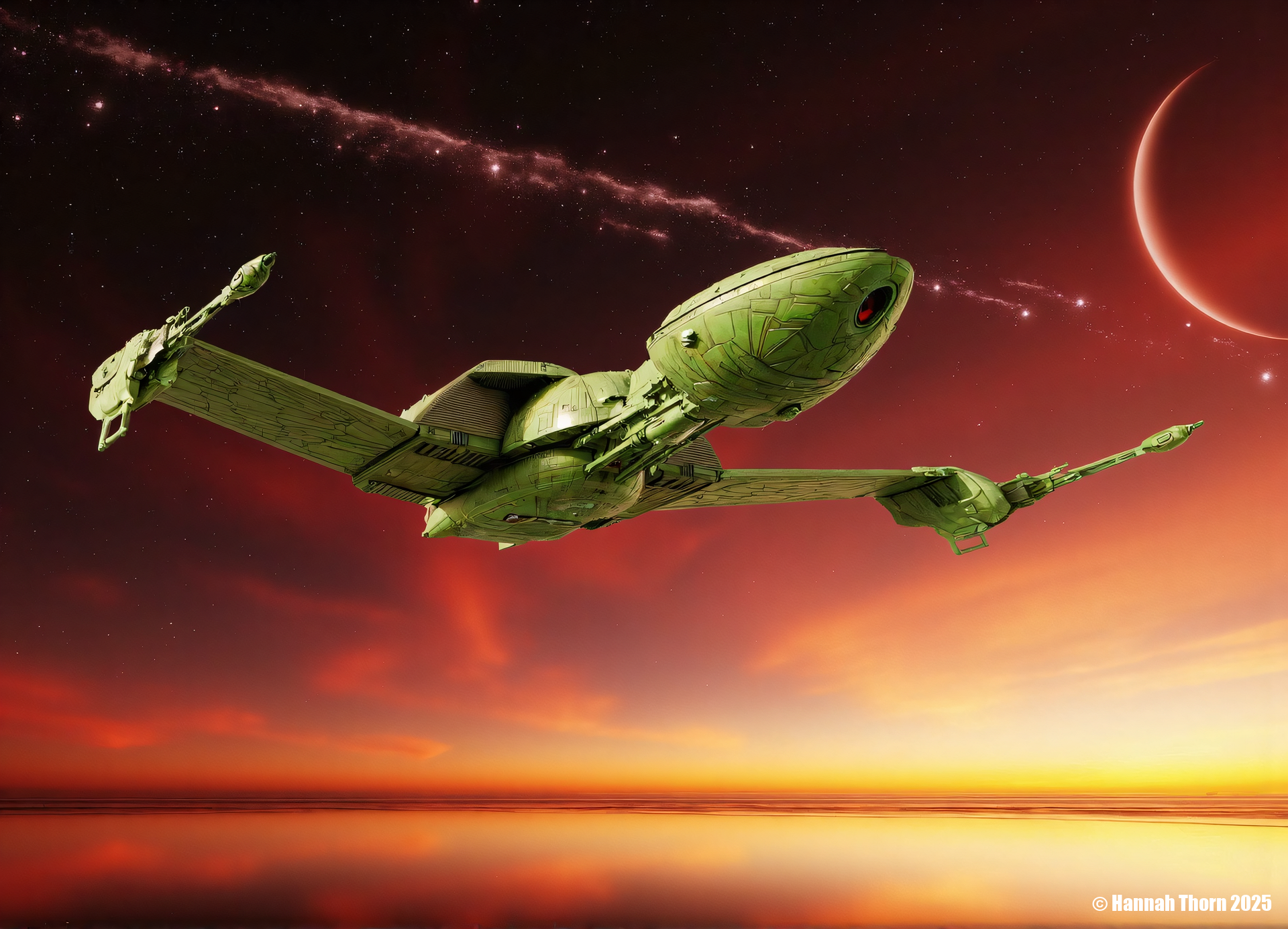 Klingon bird-of-prey, A digital painting of a futuristic spaceship flying over a fiery, orange and red sky. The spaceship is green in color and has a sleek, metallic design. It has a pointed nose and a long, curved arm extending from the back. The sky is filled with stars and shooting stars, creating a dramatic and dynamic scene. The background features a large, glowing moon on the right side, and a reflective, reflective surface below. The image has a sci-fi, fantasy aesthetic<lora:_Flux\Klingon_Bird_of_Prey.safetensors:1.0:1.0>