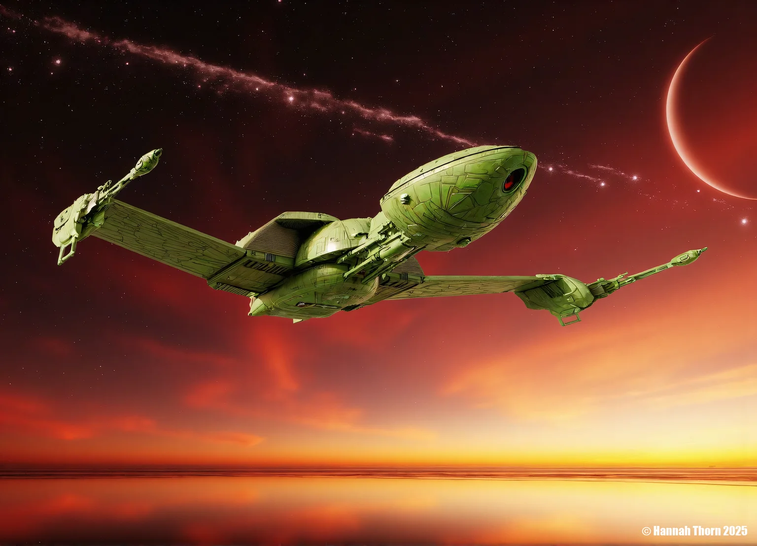 Klingon bird-of-prey, A digital painting of a futuristic spaceship flying over a fiery, orange and red sky. The spaceship is green in color and has a sleek, metallic design. It has a pointed nose and a long, curved arm extending from the back. The sky is filled with stars and shooting stars, creating a dramatic and dynamic scene. The background features a large, glowing moon on the right side, and a reflective, reflective surface below. The image has a sci-fi, fantasy aesthetic<lora:_Flux\Klingon_Bird_of_Prey.safetensors:1.0:1.0>