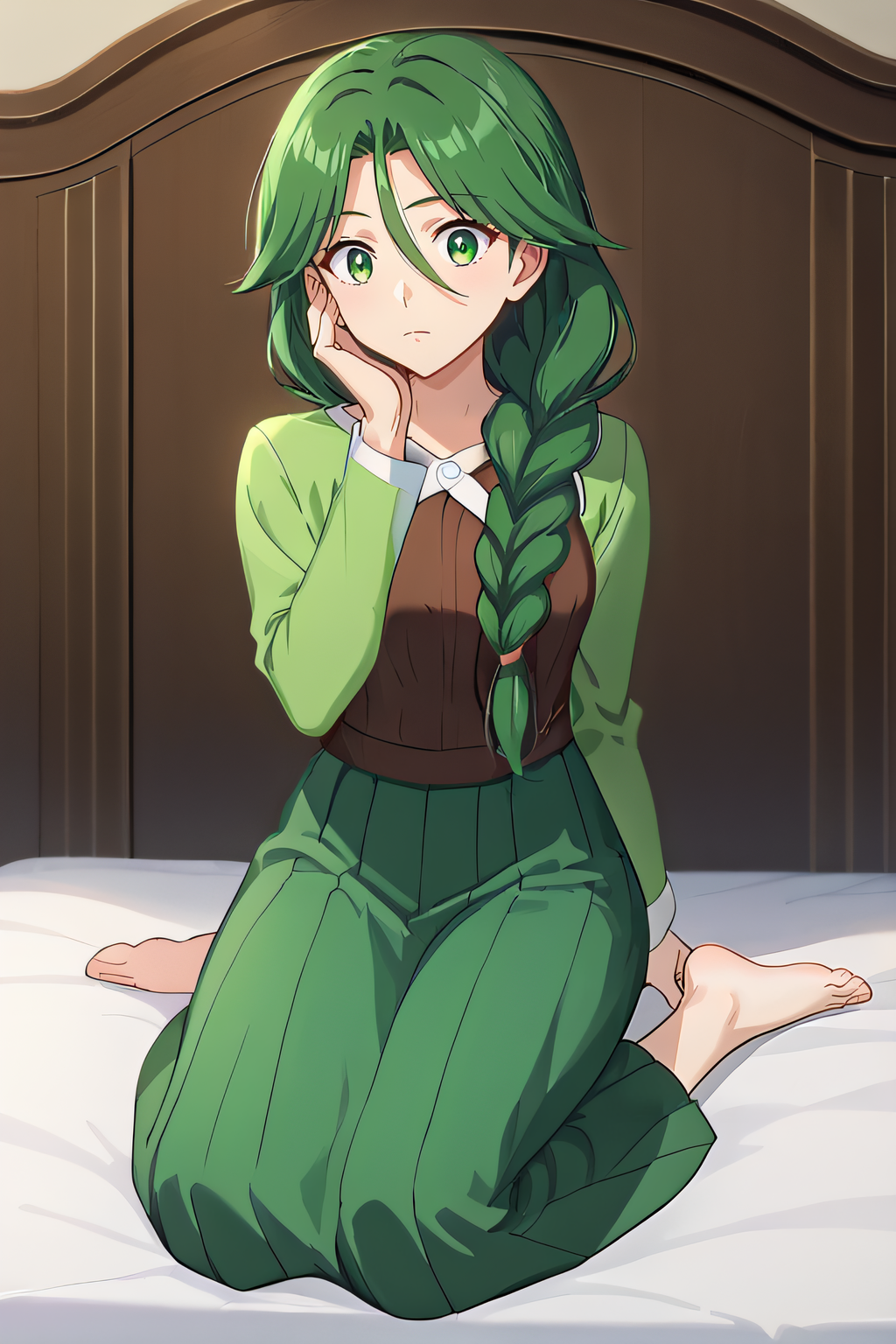 score_9, score_8_up, score_7_up, source_anime, rating_safe, intricate details, anime screencap, official style, 1girl, solo, <lora:PONY_Cheryl_v2:1>, cheryl, green eyes, green hair, hair over shoulder, single braid, green jacket, brown shirt, long sleeves, green skirt, long skirt, pleated skirt, barefeet, looking at viewer, indoor, sitting on bed, full body, kneeling, hand on own cheek, surprised, closed mouth, five fingers