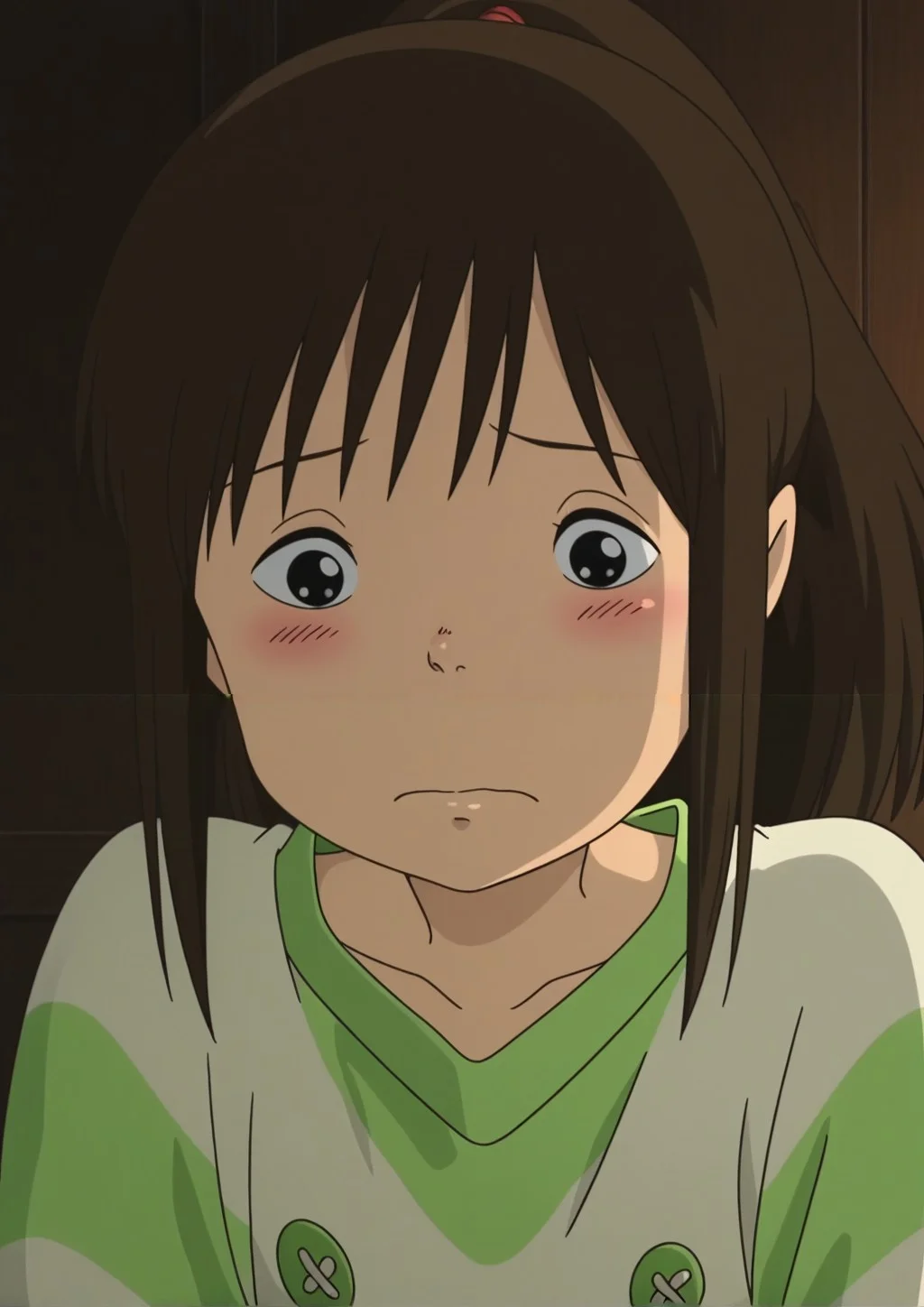 <lora:Chihiro_Ogino_Illustrious:1>,chihiro ogino,(anime screencap:1.1),anime coloring,blush buttons,striped shirt,black eyes,