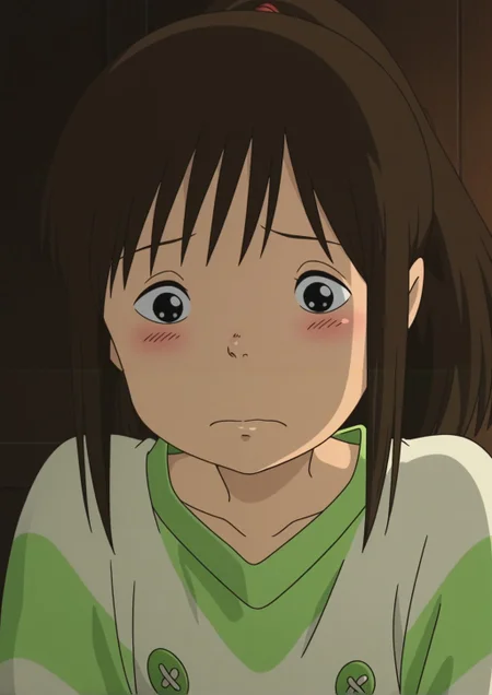 <lora:Chihiro_Ogino_Illustrious:1>,chihiro ogino,(anime screencap:1.1),anime coloring,blush buttons,striped shirt,black eyes,