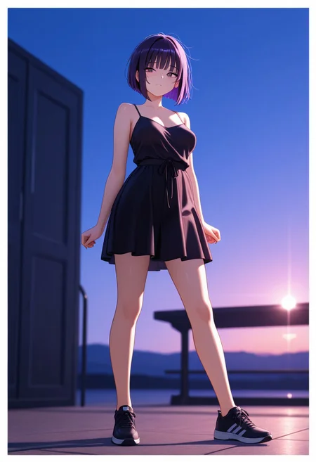 Score 9, Score 8, Score 7, Masterpiece, High Quality, Good Quality, Latest Model, High Resolution, Absurd, ((White Border)), Cinematic Lighting, High Contrast (Edge Light: 0.6), Dynamic Vision, <lora:illustriousXL_stabilizer_v1.23:0.3> <lora:NOOB_vp1_detailer_by_volnovik_v1:0.3> <lora:ponyv6_noobE11_2_adamW-000017:0.45> <lora:checkpoint-e18_s306:1.5> <lora:haiz_ai_illu:0.7>, Vibrant Colors, Bright Color, Dynamic Colors, Colorful Image, High Contrast, Saturated Colors, Thick Line, Bright Colors, Good Lighting, Color Saturation, Masterpiece, Best Quality, source_hentai,
Medium close-up,solo,1girl,
Detailed face, pretty face, dark purple hair, short bob haircut, messy hair, unruly hair strands, saggy breasts (medium breasts), tired eyes, bright purple eyes, modeling, outdoors, ((sunny day)), sunglasses, black spaghetti strap blouse, black short skirt, black sneakers, duck face, full body,