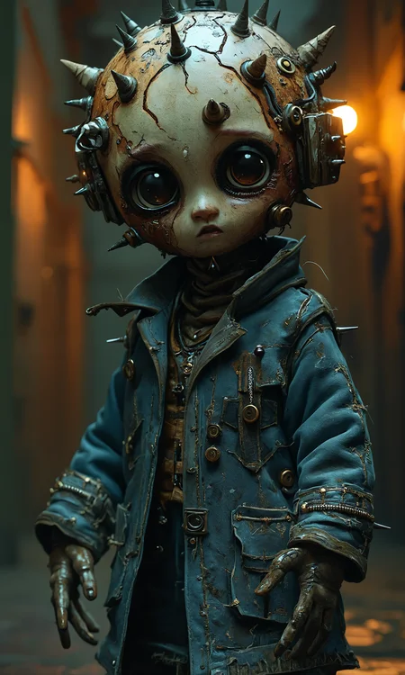Hyperrealistic photograph of a haunting, automaton standing in a dimly lit environment. The figure has a large, spherical head made of weathered, patched leather with a wooden undertone, adorned with protruding metal spikes. Its face features oversized, hollow eyes with deep, dark pupils that seem to stare directly at the viewer. A small, sculpted nose and mouth add to its eerie human-like qualities.
The automaton wears a tattered, steampunk-inspired coat made of distressed blue-gray fabric, adorned with antique brass buttons and stitched patches. The coat is riddled with small spikes and crude surgical sutures, mirroring the head's texture. Its hands and arms are visible, sharing the same spiked and stitched aesthetic as the rest of the body.
Intricate details are captured with photographic precision: the varying textures of leather, wood, and fabric; the oxidation on metal parts; the frayed edges of the coat; and the subtle sheen of the spikes. The lighting is moody and dramatic, with a soft glow highlighting the contours of the figure against a darker background.
The background is intentionally out of focus, featuring a soft bokeh effect of warm, golden lights, suggesting a mysterious, perhaps industrial setting. This blurred backdrop contrasts sharply with the crisp, hyperrealistic details of the automaton in the foreground.
Overall color palette: Predominantly cool tones of blues and grays for the figure, with warm amber and gold tones in the bokeh background, creating a striking visual contrast.