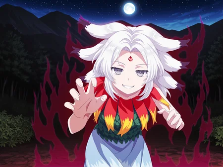 absurdres,highres,masterpiece,best quality,amazing quality,official anime artwork,outdoors,
1girl,solo,anime screencap,GH_HS17 \(style\),
(foreshortening,lens flare abuse,Volumetric Lighting,reflection,Cinematic Lighting),leaning forward,
front view,((dark aura,horror \(theme\))),night,standing,dynamic pose,star \(sky\),forest,mountain,full moon,cowboy shot,looking at viewer,jitome,grin,floating hair,claw pose,reaching towards viewer,
BREAK <lora:Houjuu_Chimi_illuV01_b3g2plw1c1wd05_d32a16_lr1800y960_rvs:1>,
Houjuu_Chimi_TH20,white hair,short hair,floppy ears,extra ears,parted bangs,two-tone hair,ears down,grey eyes,forehead mark,red gradient fur collar,green leaf shirt,sleeveless shirt,blue skirt,