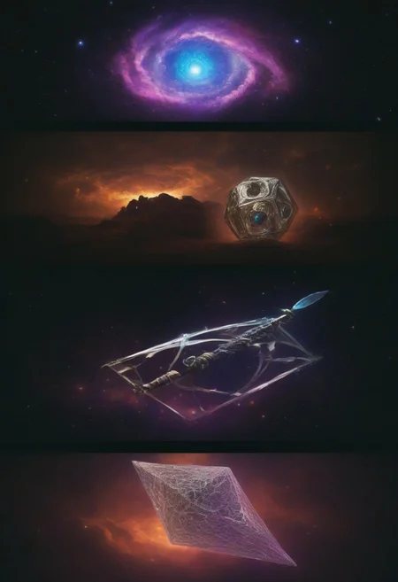 eye, galaxy, platonic solid, sword