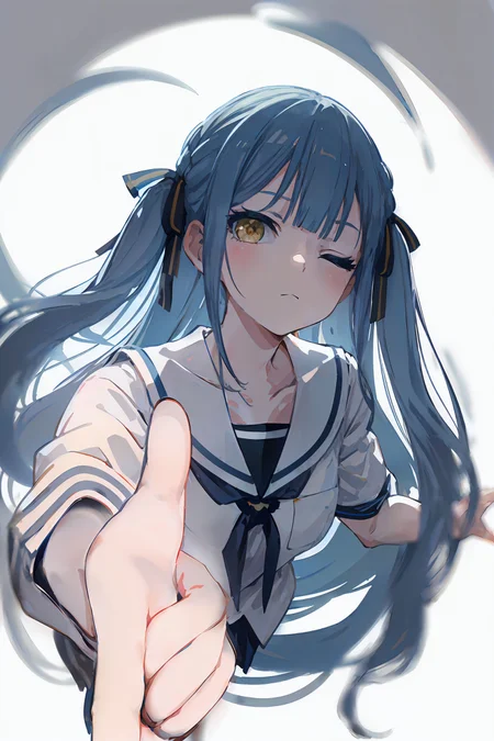 masterpiece,absurdres,white background,
eye_contact,contempt,Flat chest,(one eye closed:1.1),
<lora:char-mygo_N0]ye[Ptogawa_sakiko_bangdreamitsmygo:0.6>,expressionless,togawa_sakiko_bangdreamitsmygo,N-mygo-mygo_N0]ye[Ptogawa_sakiko_bangdreamitsmygo,
long_hair,bangs,ribbon,hair_ribbon,black_ribbon,yellow_eyes,sidelocks,blue_hair,white serafuku,miniskirt,
(fisheye:0.9),(foreshortening:1.5),(depth of field:1.5),from_above,legs,