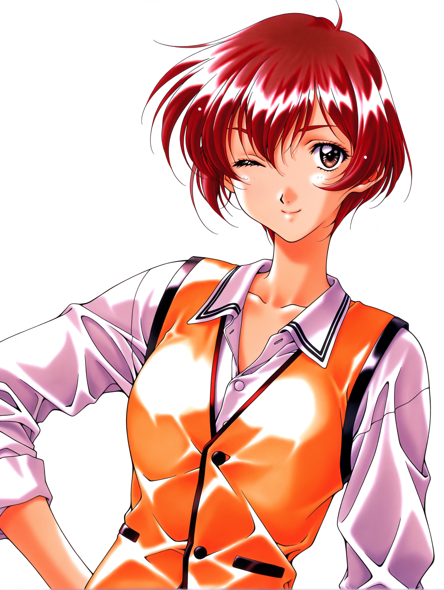 masterpiece,best quality,newest,
1girl,solo,
1990s \(style\),retro artstyle,<lora:nanase_yuuilxl_v1.0:1>,n_yuu,short hair,red hair,brown eyes,<lora:Fixhands_anime_bdsqlsz_V1:1>,simple_background,one eye closed,smile,upper body,collared_shirt,long sleeves,vest,white_background,hand on own hip,