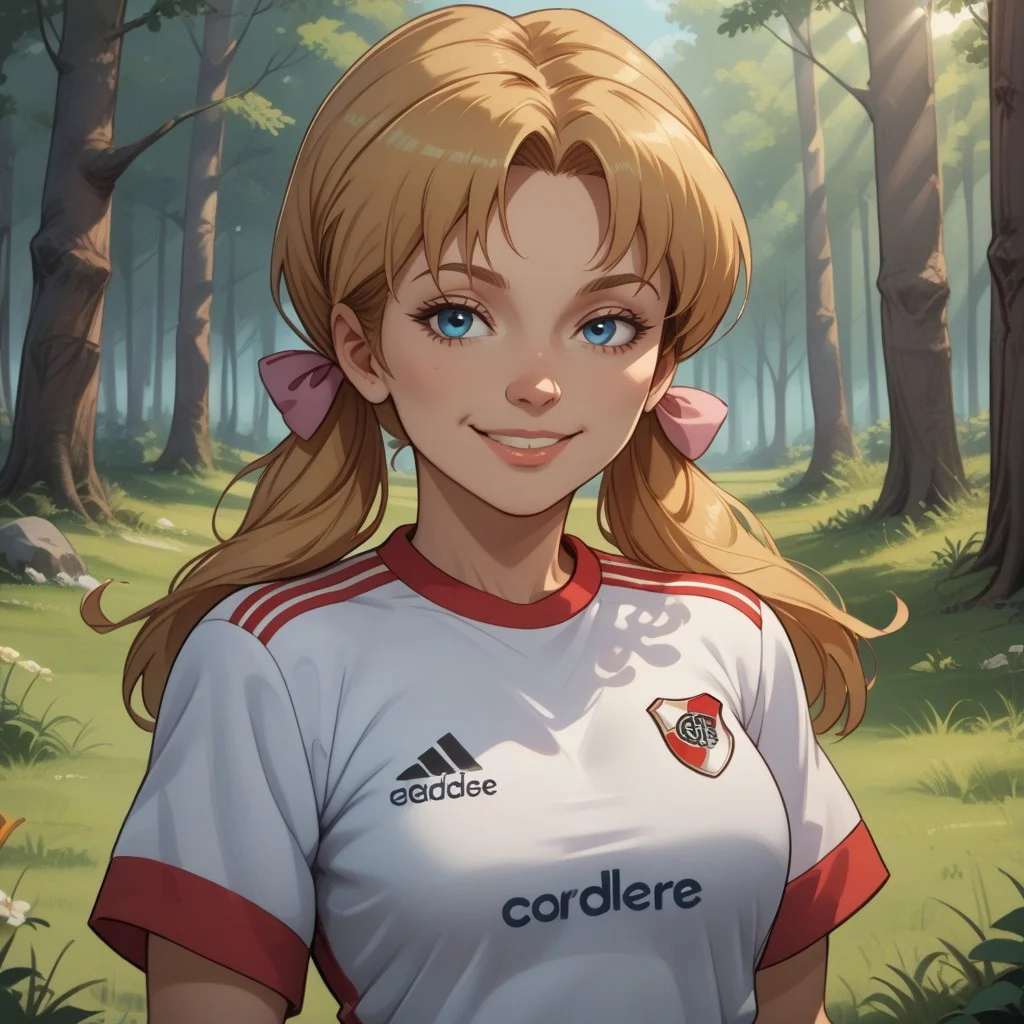 score_9, score_8, BREAK, solo, Kim Cherrywood, 1girl, blue eyes, blonde pigtails, RiverPlate, striped shirt, striped, shirt, white shirt, short sleeves, clothes writing, sportswear, soccer uniform, pink bows, adult female, mature female, breasts, sexy pose, self portrait, smile, outdoors, sunlight, shadows, evening lighting, natural lighting, forest, trees, grass, orange sky, sunset