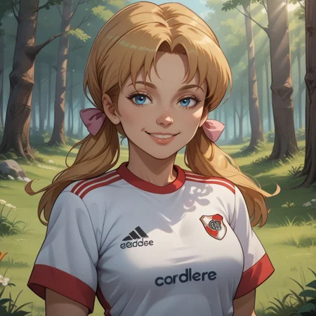 score_9, score_8, BREAK, solo, Kim Cherrywood, 1girl, blue eyes, blonde pigtails, RiverPlate, striped shirt, striped, shirt, white shirt, short sleeves, clothes writing, sportswear, soccer uniform, pink bows, adult female, mature female, breasts, sexy pose, self portrait, smile, outdoors, sunlight, shadows, evening lighting, natural lighting, forest, trees, grass, orange sky, sunset