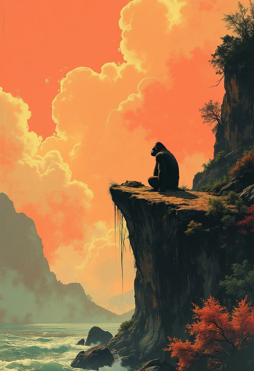 Dunhuang Art, minimalism illustration, mural art, an gorilla sitting on the Edge of a Cliff right in Front of the sea, perfectly interwoven curves, chinese ink style, chinese freehand style, frosted texture, black pink orange color scheme, ripples of color diffusing, printmaking style, layered curves, rich color, made of transparent frosted glass, simple background, bright environmental lighting, warm and shining tone, capillary phenomenon, diffraction, total internal reflection