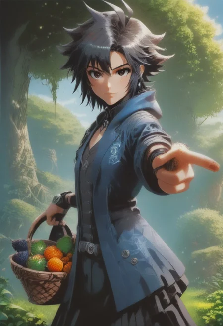 (zPDXL2), score_9, score_8_up, score_7_up, score_6_up, source_anime, <lora:Worldly_XL:1> volumetric lighting, warm colors, motion effects, best quality, wallpaper art, looking at viewer, woods, berries, flowers, insects
1girl, solo, 18 year old, (right pistol:1.5), Little Red Riding Hood on a path in the woods, (holding basket with berries in left arm:1.5), delicate and smooth skin, cleavage, shy smile, eyes open, low cut, 
<lora:KikuchiMakoto_pony_v1:0.9> kkcmkt, short hair, black hair, antenna hair, hair between eyes, black eyes, flat chest,  small breasts, <lora:plrd-pistol:1.15>
Expressiveh,  <lora:c0l0urc0r3XLP2:0.40> c0l0urc0r3, cute, bright colours, candy, <lora:RELSM_v1:0.90> <lora:[GP] somethingweirdv1 [Pony XL]:0.20>