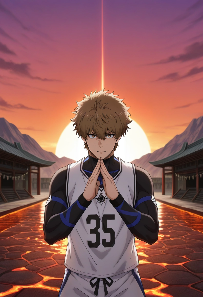 masterpiece, best quality, , , , 1boy, solo, male focus, <lora:asahi_naruhaya_ilxl:0.9>, asahi_naruhaya, brown hair, brown eyes, short hair, hair between eyes, bangs, sportswear, volcanic temple, lava altars, ash gardens, obsidian halls, worship pose, intense expression, twilight,