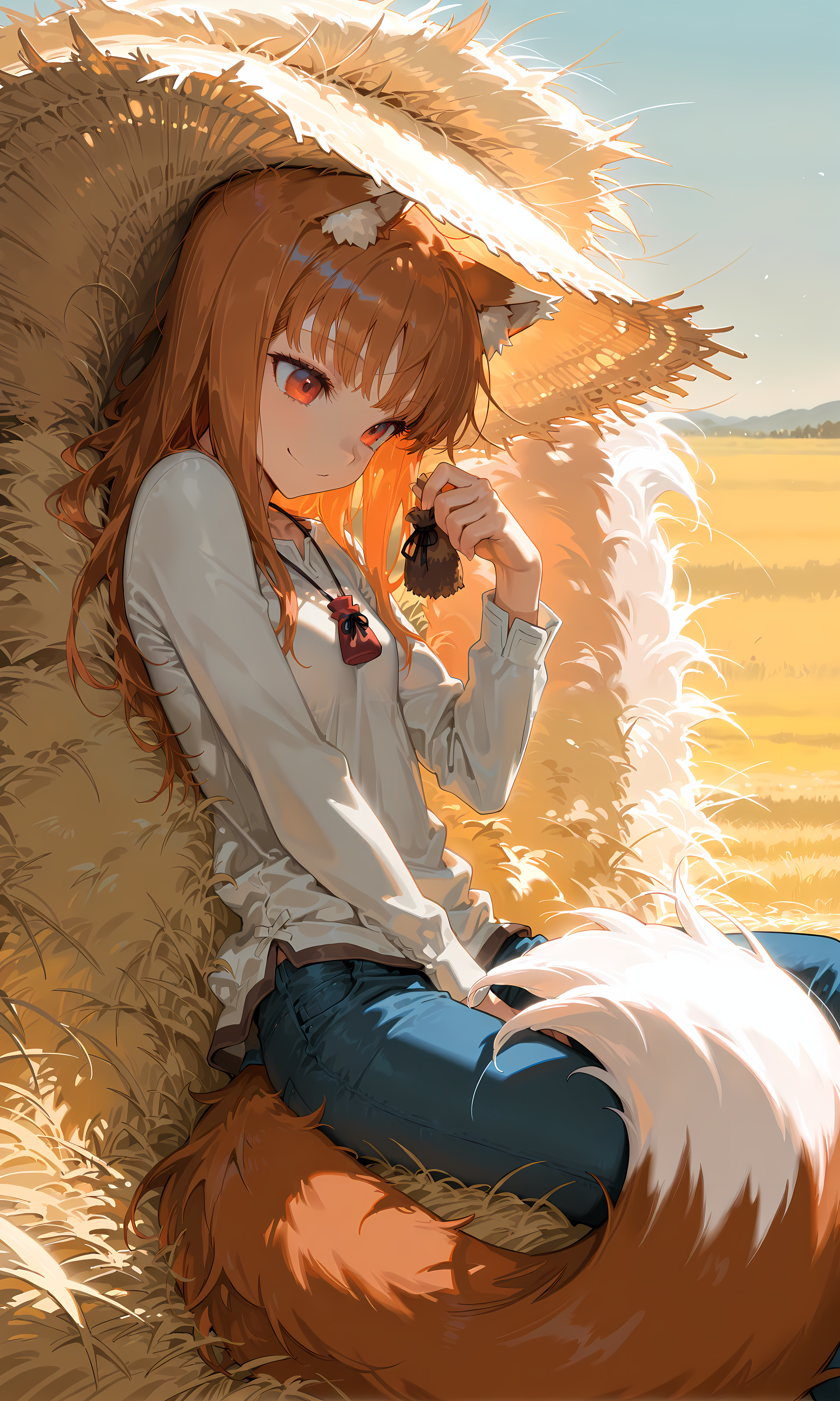 masterpiece, best quality, amazing quality, very aesthetic, straw, straw everywhere, straw field, gradient eyes, holo (spice and wolf), in haystack, smile, fluffy tail,  masterpiece, best quality, amazing quality, very aesthetic,