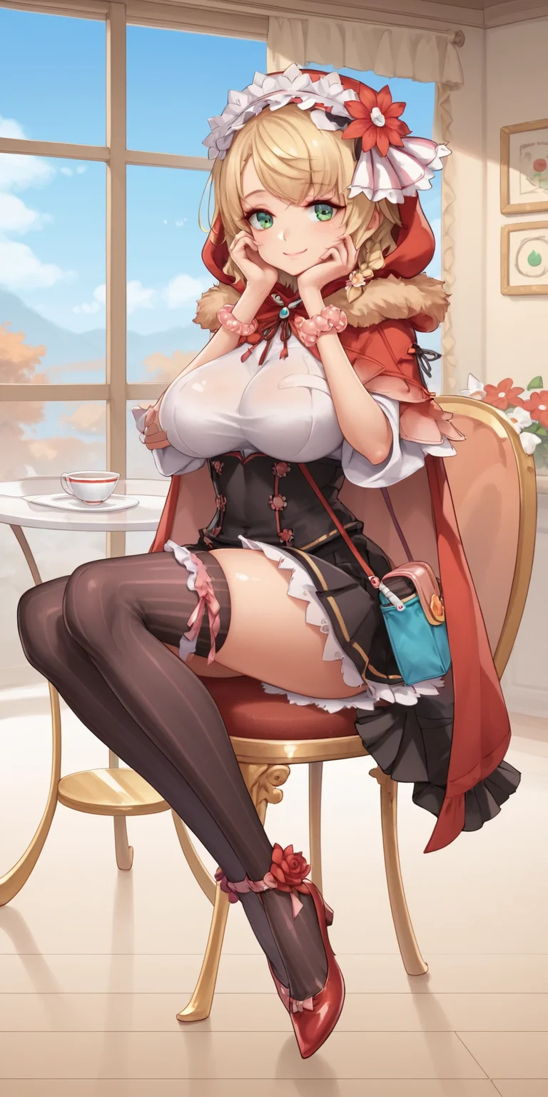 score_9, score_8_up, score_7_up, 1girl, mature female, shiny skin, <lora:Expressive_H:0.8>, <lora:Sarah-10:0.8>,sarah, blonde hair, green eyes, short hair, braid, bangs, black legwear, breasts, red cape, closed mouth, cup, frilled legwear, high heels, red footwear, red hoodie, long sleeves, looking at viewer, fur-trimmed cape, maid headdress, white shirt, sitting, black skirt, frilled skirt, black corset, smile, solo, striped legwear, vertical-striped legwear, pink bracelet, flower hairband, pleated skirt, shoulder bag,indoors, cafe, window, hair flower, wooden floor, hands on own cheek, hood up,