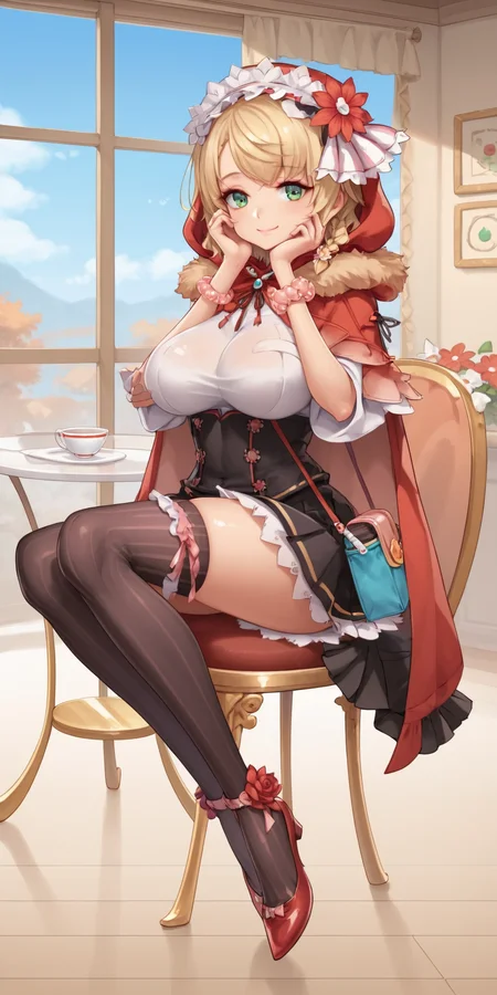 score_9, score_8_up, score_7_up, 1girl, mature female, shiny skin, <lora:Expressive_H:0.8>, <lora:Sarah-10:0.8>,sarah, blonde hair, green eyes, short hair, braid, bangs, black legwear, breasts, red cape, closed mouth, cup, frilled legwear, high heels, red footwear, red hoodie, long sleeves, looking at viewer, fur-trimmed cape, maid headdress, white shirt, sitting, black skirt, frilled skirt, black corset, smile, solo, striped legwear, vertical-striped legwear, pink bracelet, flower hairband, pleated skirt, shoulder bag,indoors, cafe, window, hair flower, wooden floor, hands on own cheek, hood up,