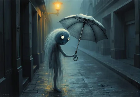 <lora:mrpcanrnet2.safetensors:1> style of paint of mrp, mrph of a carnet mrpcanrnet2 with mrpdamier on (mrpvp), covered of mrpv
In the heart of Lima’s fog-laden night, a shadowy alleyway beckons with its whispered secrets. The gray, rain-soaked street glistens under the warm, flickering glow of a solitary streetlamp, casting long, distorted shadows on the wet cobblestones. A figure, translucent and ethereal, stands near the center of this scene, holding a gray umbrella tilted backward. The ghost, a young woman in her late twenties, seems to shimmer with a soft, blue translucence. Her large black pupils, stark against white irises, peer out with a curious intensity, as if searching for something hidden in the night. Her small, O-shaped blue mouth and delicate white blush marks on her cheeks give her an almost innocent, yet haunting appearance. Raindrops cling to the umbrella, creating a mesmerizing pattern as they drip onto the reflective surface below.
The blurred, indistinct buildings in the background add to the sense of isolation, while the foggy atmosphere wraps the scene in a melancholic shroud. Rain streaks adorn the ghost, making her semi-realistic texture even more pronounced. The watercolor effect softens the edges, blending the elements of the urban setting into a dreamlike tableau. A chill hangs in the air, and the quiet patter of rain against the umbrella hints at a story yet to be told, a mystery woven into the very fabric of this shadowy, rain-drenched alley.