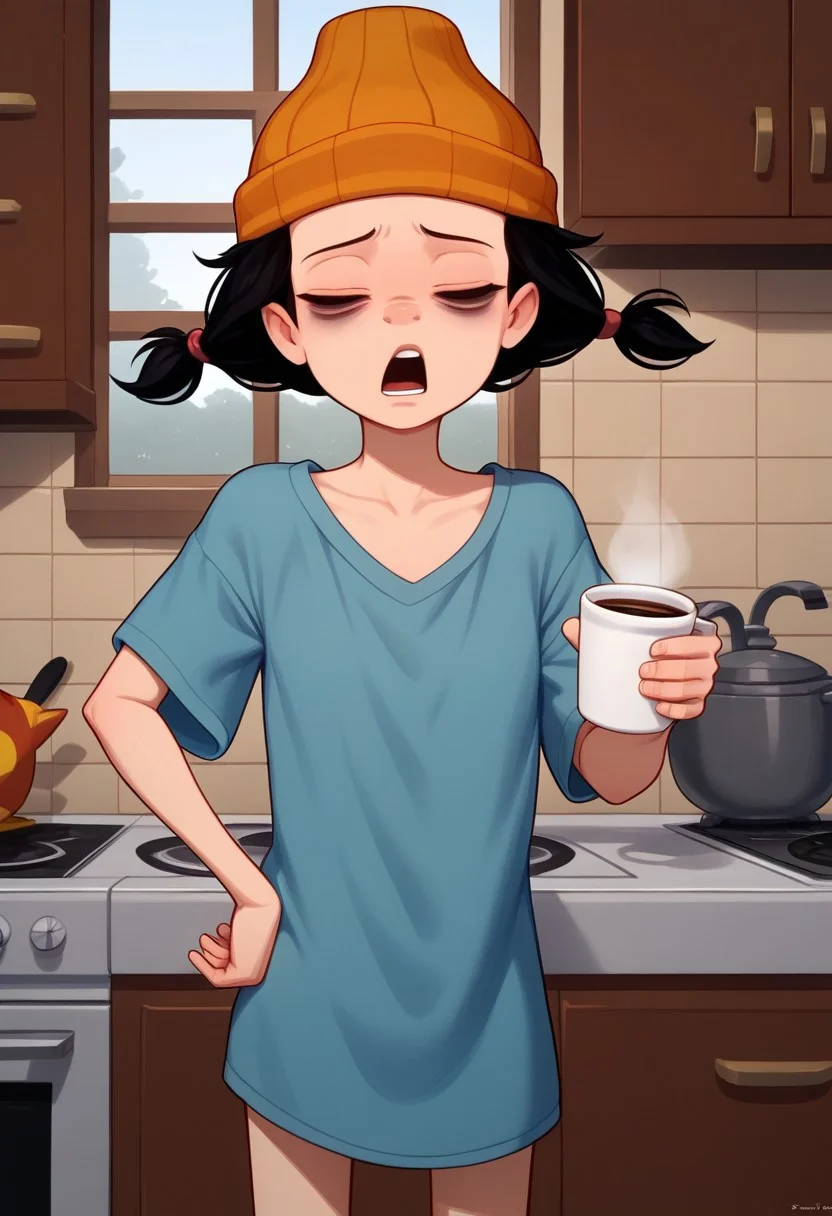 1girl, solo, orange beanie, black hair, twin pigtails, wear only oversized blue t-shirt,, loose clothes, holding a cup of coffee in hand, one hand on hip sleepy eyes, bags under eyes, eyes closed, loose clothes, Perfect Hands, Expressiveh, no shirt, , zPDXL, flat chest,kitchen,window,med body, yawning,