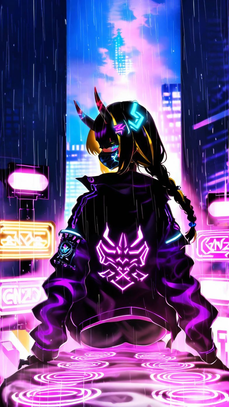 1girl, young , small breast  , black jacket, night, night city, neon light, cyberpunk, depth of field, glowing, glowing eyes, dark green eyes , bright yellow hair, long hair , multiple braids, long hair streaked hair , asymmetrical bangs , nose blush,  , jacket, jewelry, necklace, neon lights, open clothes, open jacket, rain, oni girl, oni horns, ((mouth mask)), (glowing blue neon tattoo:1.2), from behind, Sitting on bed,  (silhouette), harada miyuki style, masterpiece, best quality, <lora:harada_miyuki_style:1>