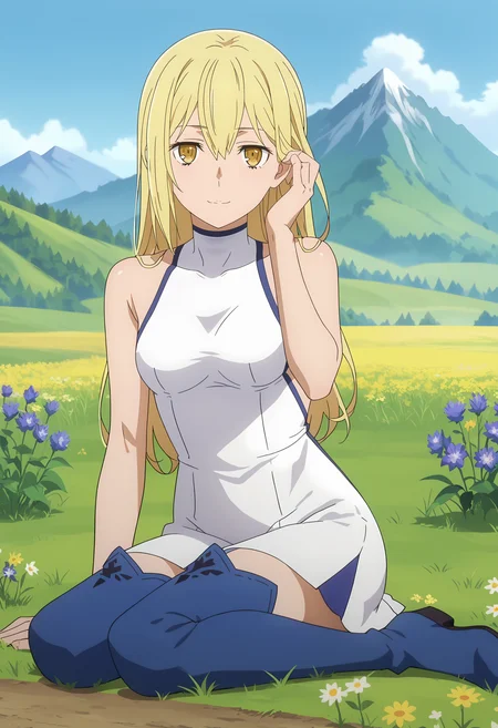 score_7_up, anime screencap,
<lora:DanMachi_AizWallensteinXL:0.9>,
1girl, solo, adjusting hair, closed mouth, light smile,
long hair, blonde hair, hair between eyes, yellow eyes,
AisCasual, sleeveless dress, white dress, short dress,
thigh boots, blue footwear,
sitting, on ground, looking at viewer,
scenery, mountains, grass, flower field,