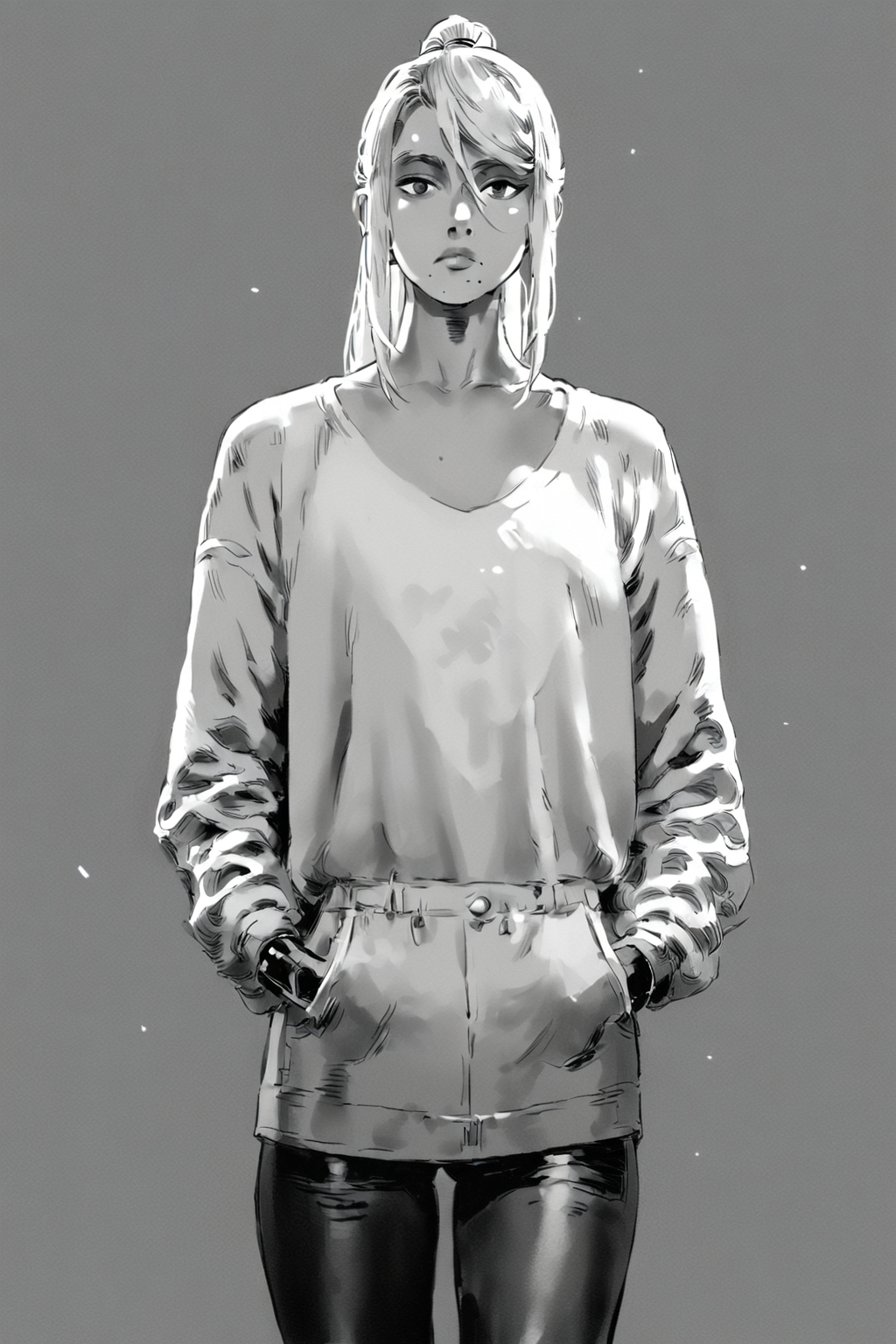 score_9, score_8_up, score_7_up, samus aran, solo, solo focus, cowboy shot, high contrast,wide shot, simple background, Standing with hands in pockets, looking casual., <lora:godiva_grey:1.3>, (monochrome:1.5), (greyscale:1.5)