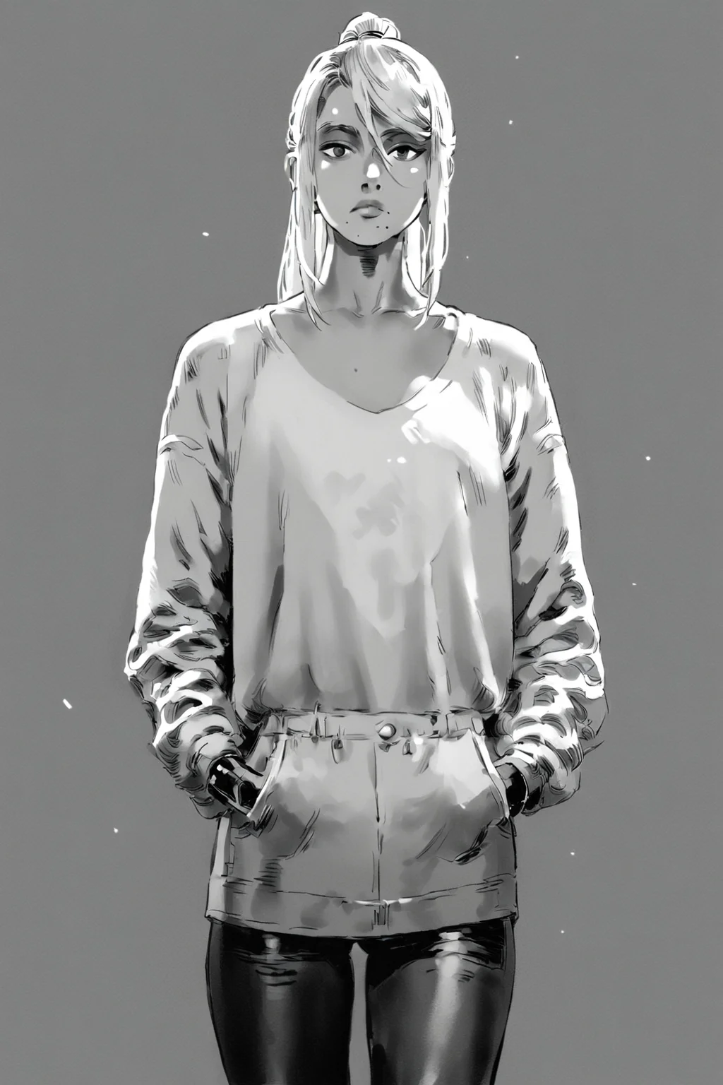 score_9, score_8_up, score_7_up, samus aran, solo, solo focus, cowboy shot, high contrast,wide shot, simple background, Standing with hands in pockets, looking casual., <lora:godiva_grey:1.3>, (monochrome:1.5), (greyscale:1.5)