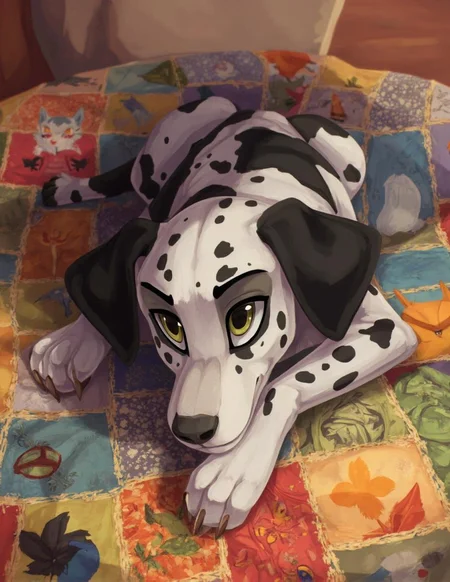 <lora:ck-LttleGhost-000011.safetensors:1> in the style of ck-lttlegh0stA black-and-white Dalmatian puppy sprawls on a multi-colored patchwork quilt, its expressive eyes and fluffy ears captivating. The vibrant quilt creates a cozy atmosphere, emphasizing warmth and cuteness. Perfect for greeting cards, pet products, or home decor items.