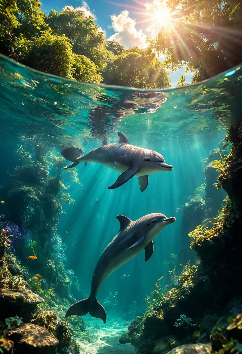 ultra HD, high quality, 4K, score_9, score_8_up, score_7_up, photo, extremely detailed, 8k, high quality, Source_photo, real photo, sharp, highly detailed and hyper realistic,masterpiece,(ultra high res:1.4), (masterpiece), (beautiful lighting:1.4) , lush greenery, amazon river, blackish water, rainforest, Bright sunlight illuminates the crystal-clear water, (deep underwater), anime, half above water and half below water , (clear underwater), beautiful sky with clouds, fish , amazon dolphin, fantasy, score_9, extremely sharp focus, light leaks, unusual colors, abstract multilayer texture, by Abigail Larson, midjourneyv6.1,