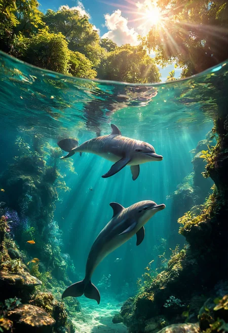 ultra HD, high quality, 4K, score_9, score_8_up, score_7_up, photo, extremely detailed, 8k, high quality, Source_photo, real photo, sharp, highly detailed and hyper realistic,masterpiece,(ultra high res:1.4), (masterpiece), (beautiful lighting:1.4) , lush greenery, amazon river, blackish water, rainforest, Bright sunlight illuminates the crystal-clear water, (deep underwater), anime, half above water and half below water , (clear underwater), beautiful sky with clouds, fish , amazon dolphin, fantasy, score_9, extremely sharp focus, light leaks, unusual colors, abstract multilayer texture, by Abigail Larson, midjourneyv6.1,