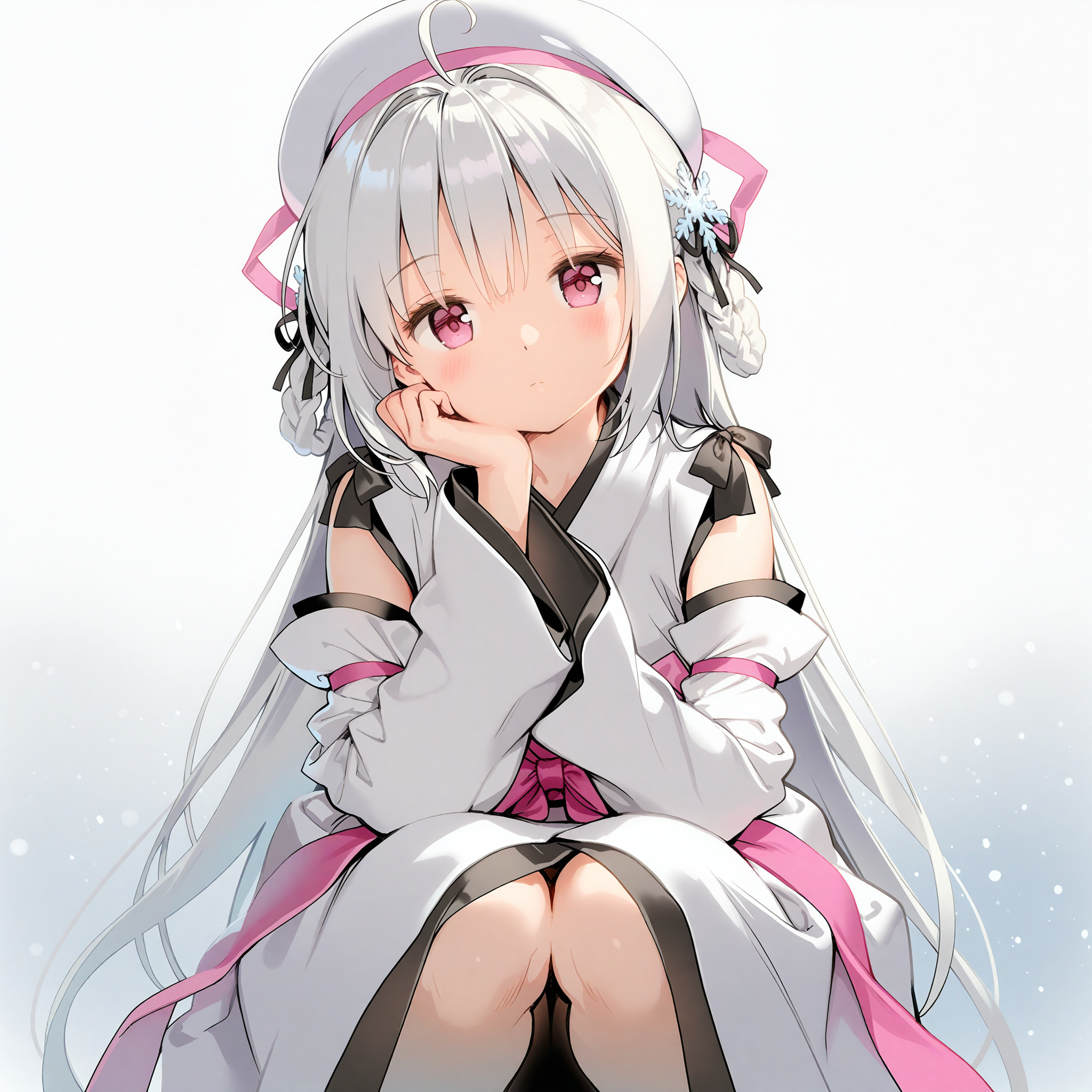 <lora:AnmiStyle_n16c16_nai_Loha-000028:1.5>,AnmiStyle,
<lora:Yuuki_2_nai_7:0.8>,Yuuki,hair rings,braid,snowflake hair ornament,black ribbon,pom pom hair ornament,
white beret,hat ribbon,pink ribbon,detached sleeves,japanese clothes,long sleeves,wide sleeves,kimono dress,white kimono,pink sash,black bow,layered kimono,
1girl,solo,expressionless,squatting,front view,looking at viewer,straight-on,snowing,white background,head tilt,head rest,
