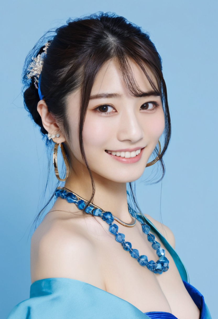 a photo of a japanese woman named pornmaster saika,face, solo, jewelry, earrings, blue background, smile, black hair, long hair, looking at viewer, teeth, hair ornament, upper body, simple background, necklace, grin,Cleavage, brown hair,medium breasts, Beautiful blue dress,hoop earrings,High-detail skin textures,masterpiece,best quality,high quality,award-winning photo,raw photo, <lora:PornMaster-Japanese babe-sdxl-V1-lora:0.7>