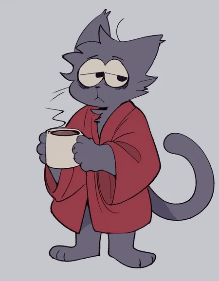 source_furry,
Furry male cat, white and grey fur, wearing red bath robe, tired, drowsy eyes, just woke up, messy hair, holding a cup of coffee, white mug, tail, paws,
 <lora:squishy:1> 5qu15hy, score_9, score_8_up, score_7_up, score_6_up, score_5_up,