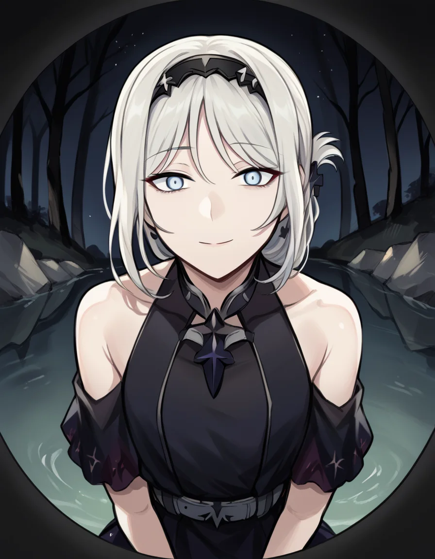 score_9, score_8_up, score_7_up, source_anime, <lora:girlsfrontline-an-94-ponyxl-lora-nochekaiser:1>, an-94, an-94 (girl's frontline), long hair, blue eyes, white hair,, bare shoulders, belt, black dress, black gloves, collarbone, dress, folded ponytail, gradient clothes, gradient dress, hairband, hair ornament, halterneck, halter dress, purple dress, sidelocks, single glove, mature female, small breasts, wristband,, stream, water, rocks, flow, forest, , <lora:pov-peephole-ponyxl-lora-nochekaiser:1> pov peephole, peephole, fisheye, round border, peeking, voyeurism, aprtment, yandere, horror (theme), yandere, flourescent lamp,smile, evil smile, blank eyes,, cowboy shot,, looking at viewer, solo,, dutch angle, cowboy shot