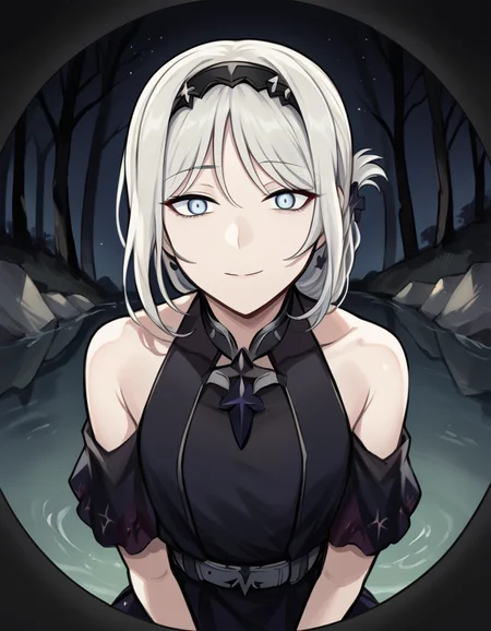 score_9, score_8_up, score_7_up, source_anime, <lora:girlsfrontline-an-94-ponyxl-lora-nochekaiser:1>, an-94, an-94 (girl's frontline), long hair, blue eyes, white hair,, bare shoulders, belt, black dress, black gloves, collarbone, dress, folded ponytail, gradient clothes, gradient dress, hairband, hair ornament, halterneck, halter dress, purple dress, sidelocks, single glove, mature female, small breasts, wristband,, stream, water, rocks, flow, forest, , <lora:pov-peephole-ponyxl-lora-nochekaiser:1> pov peephole, peephole, fisheye, round border, peeking, voyeurism, aprtment, yandere, horror (theme), yandere, flourescent lamp,smile, evil smile, blank eyes,, cowboy shot,, looking at viewer, solo,, dutch angle, cowboy shot