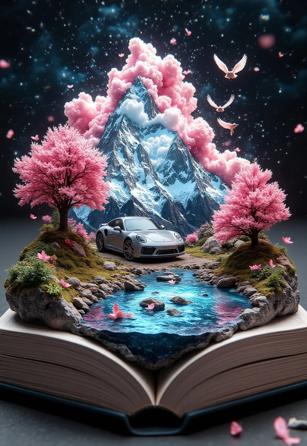 from a book with open pages a fantastical scene emerges. professional photography of an fantastical (sportscar:1.2) with whimsical elements, eerie fairytale landscape, elaborate fantasy style art, very colorful, intricate details, ultra sharp, exquisite detail, flawless composition, vivid colors, masterpiece, exciting background, black and pink theme <lora:Worlds_in_Books_FLUX_Ethanar:0.85>