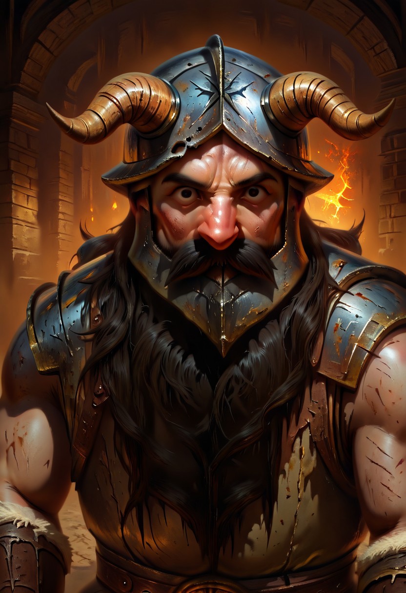 masterpiece, best quality, newest, absurdres, highres, DFOP-V3.0, oil painting, realistic, 1boy, senshi_(dungeon_meshi) /(dungeon meshi/), dwarf, beard, helmet, black hair, black eyes,