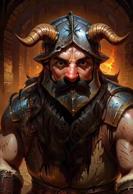 masterpiece, best quality, newest, absurdres, highres, DFOP-V3.0, oil painting, realistic, 1boy, senshi_(dungeon_meshi) /(dungeon meshi/), dwarf, beard, helmet, black hair, black eyes,